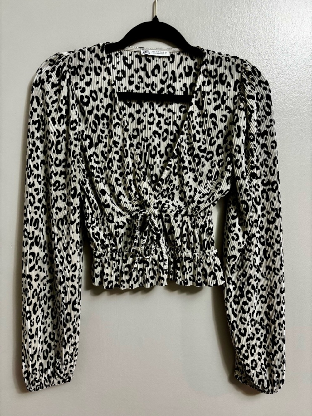 ZARA Black & White Leopard-Print Smocked Tie-Front Top